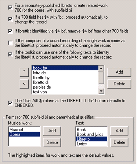 Options for the 'libretto' button: typical good values