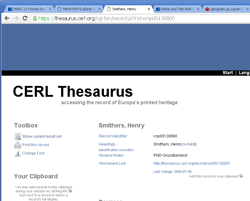 CERL thesaurus display for a person