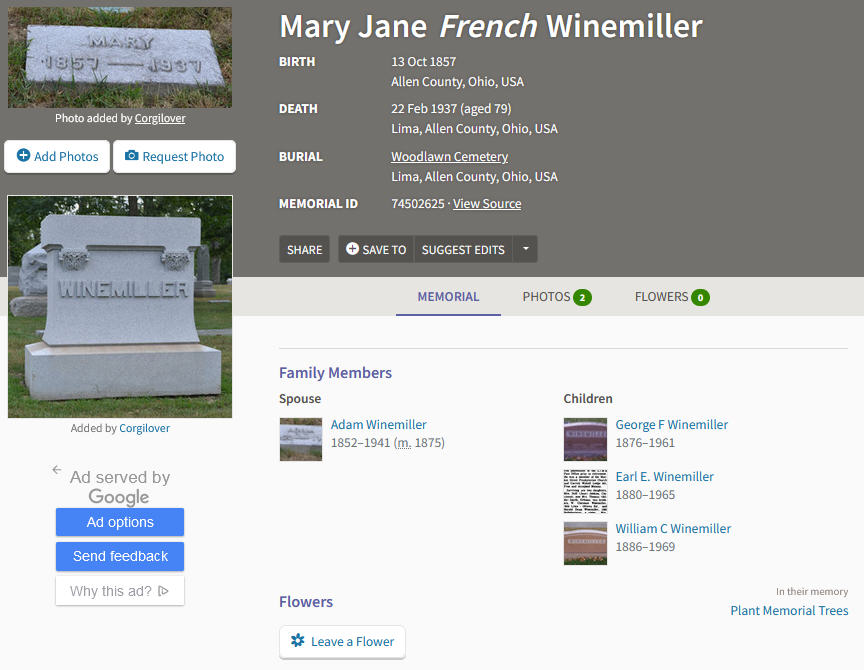 Find a grave display for Mary Jane French Winemiller