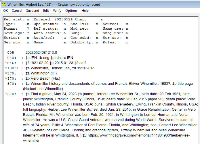 Authority record for Herbert Lee Winemiller, with Find a grave data added