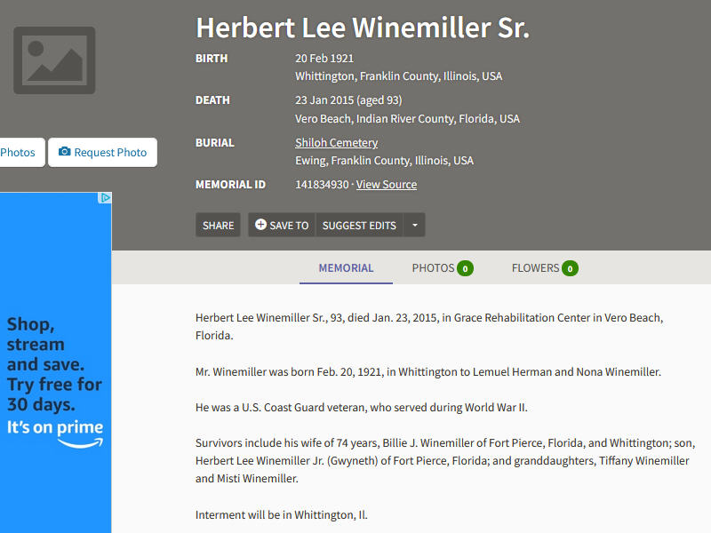 Find a grave information for Herbert Lee Winemiller