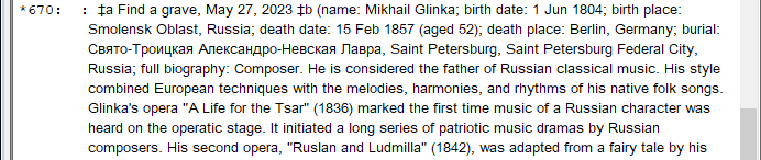 670 field for Glinka built from Find a grave data, with non-roman characters