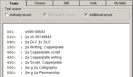 Display of LCSH record on Texts tab