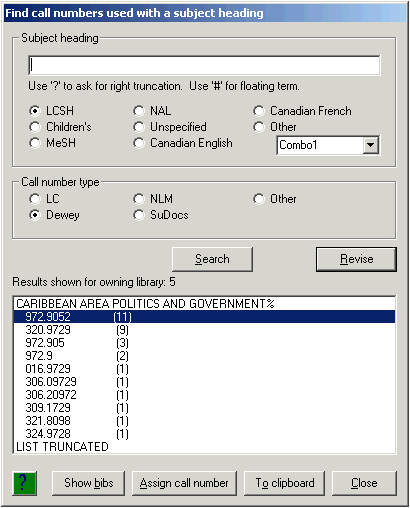 List of classification numbers associated with a subject access field