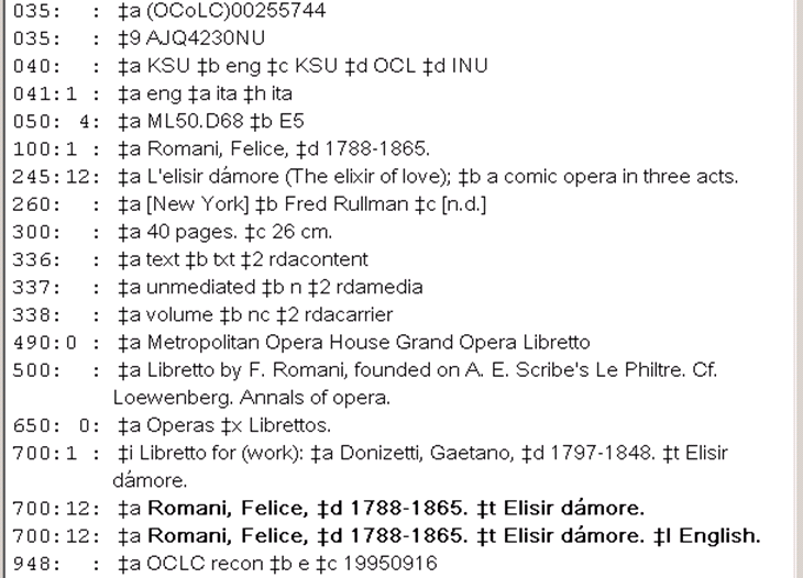 Pre-RDA bibliographic record for a separately-published libretto, remodeled
to follow RDA conventions