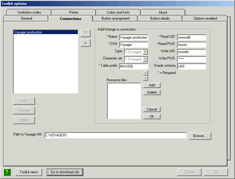 Connection definition in Options display