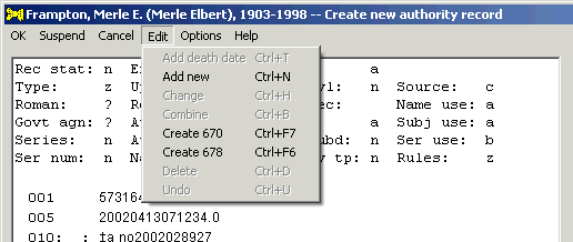 The Edit menu, showing the Create 670 choice available for selection